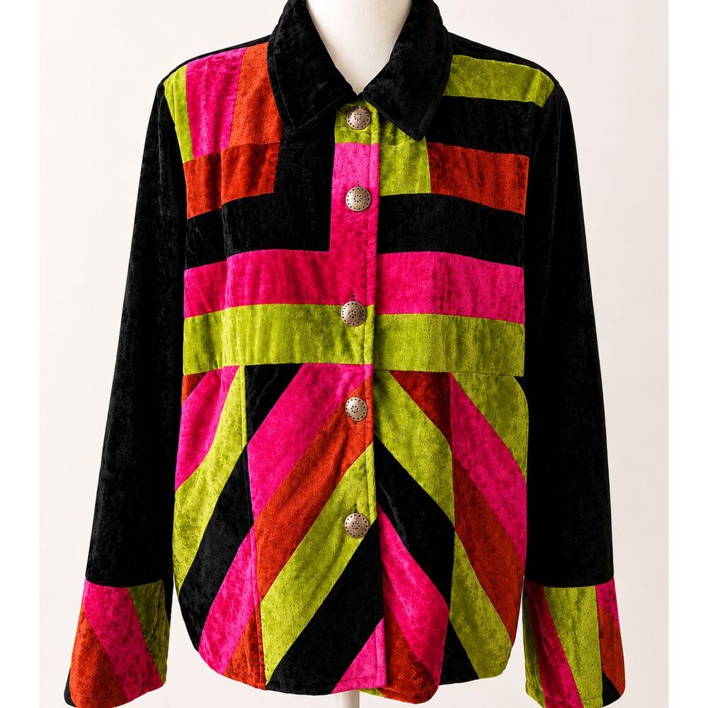 BFA Classics Velvet Patchwork Jacket L Art Wear Colorblock Boho Statement Coat